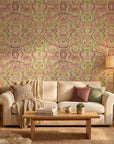 Jungle Echo green geometric peel and stick wallpaper in a warm and inviting living room