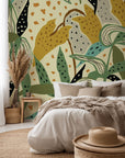 Abstract tropical leaf wallpaper in shades of green and yellow, peel-and-stick style, titled "Jungle Fragment"
