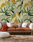 Peel and stick removable wallpaper featuring an abstract green and yellow tropical foliage design, style: Jungle Fragment
