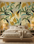 Jungle Fragment green and yellow abstract jungle collage wallpaper adding character to a cozy bedroom