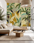 Self-adhesive wallpaper featuring an abstract design of green and yellow jungle leaves