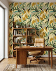 Jungle Fragment green and yellow abstract jungle collage wallpaper as a feature wall in a bright home office