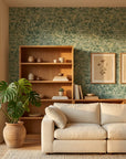 Jungle Hour green abstract peel and stick wallpaper in a warm and inviting living room