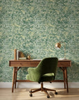 Jungle Hour green abstract peel and stick wallpaper as a feature wall in a bright home office