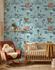 Jungle Rumble blue animal race car sketch wallpaper in a warm and inviting living room