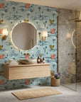 Jungle Rumble blue animal race car sketch wallpaper creating ambiance in a serene bathroom