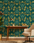 Jungle Saffron bold tropical floral wallpaper in teal and gold adding character to a cozy bedroom