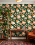Jungle Solstice removable wallpaper with coral and orange blooms on forest green in modern living room