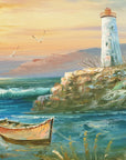 Keeper & Tide coastal lighthouse seascape wallpaper creating ambiance in a serene bathroom