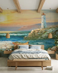 Keeper & Tide coastal lighthouse seascape wallpaper in a warm and inviting living room