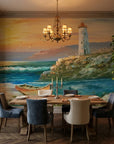 Keeper & Tide coastal lighthouse seascape wallpaper adding character to a cozy bedroom