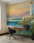 Keeper & Tide coastal lighthouse seascape wallpaper as a feature wall in a bright home office