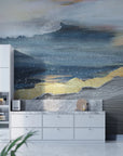 Landscape Gold abstract wallpaper with navy blue waves and gold accents in modern kitchen