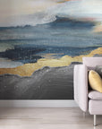 Abstract Landscape Gold wallpaper with navy blue layers and metallic gold accents on modern living room wall