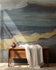 Abstract Landscape Gold wallpaper with navy blue mountains and golden brushstrokes in modern living room