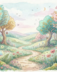 Whimsical Lantern Wood wallpaper featuring enchanted forest path with glowing trees in pastel pink, turquoise and lavender tones