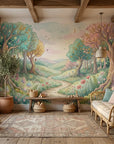 Lantern Wood removable wallpaper mural featuring whimsical forest scene in pastel teal, pink, and sage tones