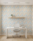 Lapis Frond soft blue botanical leaf as a feature wall in a bright home office