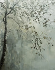 Serene Last Leaves wallpaper featuring watercolor tree branches with olive and gray leaves on misty background