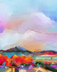 Lavender Storm colorful abstract landscape wallpaper creating ambiance in a serene bathroom