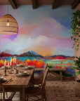 Lavender Storm colorful abstract landscape wallpaper adding character to a cozy bedroom