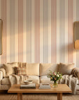 Lavender Stripe peel and stick wallpaper with rust and blue vertical lines in modern living room