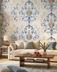 Lavish Flower Mosaic blue and beige classic damask wallpaper in a warm and inviting living room