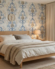 Lavish Flower Mosaic blue and beige classic damask wallpaper adding character to a cozy bedroom