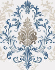 Classic damask wallpaper with blue and taupe ornamental scrollwork on white background in Lavish Flower Mosaic pattern