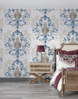 Blue and taupe damask Lavish Flower Mosaic peel and stick wallpaper in elegant bedroom setting