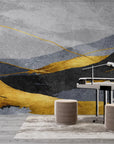 Gold and gray Layered Mountains abstract wallpaper in modern home office setting