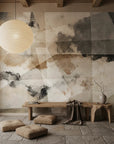 Layered Fragments modern grey and tan geometric as a feature wall in a bright home office