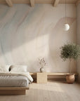 Layered Haze soft blue and blush painterly in a warm and inviting living room