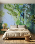 Leaf & Light serene green forest canopy wallpaper in a warm and inviting living room