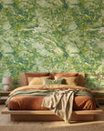 Lime Drift organic green abstract wallpaper adding character to a cozy bedroom