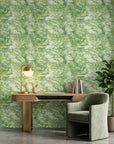 Lime Drift organic green abstract wallpaper as a feature wall in a bright home office