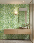 Lime Drift organic green abstract wallpaper creating ambiance in a serene bathroom