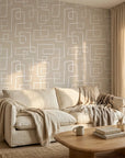 Linear Circuit minimalist line wallpaper in a warm and inviting living room