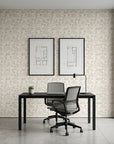 Linen Whisper soft neutral botanical wallpaper as a feature wall in a bright home office