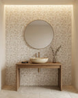 Linen Whisper soft neutral botanical wallpaper creating ambiance in a serene bathroom