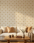 Linen & Gold elegant geometric grid wallpaper creating ambiance in a serene bathroom