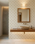 Linen & Gold elegant geometric grid wallpaper as a feature wall in a bright home office
