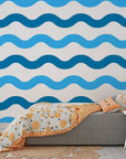 Removable wall covering featuring a repeating navy blue and white maritime ripple pattern - Liquid Rhythm