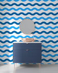 A stylized nautical surf design in azure and white on a peel and stick surface - Liquid Rhythm