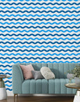 Crisp white and indigo coastal wave print for DIY temporary wall decor - Liquid Rhythm