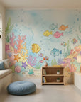 Pastel underwater scene Little Blue World wallpaper with colorful fish, coral, and seaweed in children's playroom