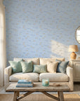 Little Minnows blue nursery fish wallpaper in a warm and inviting living room