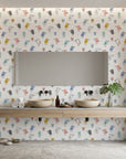 Little Songbirds colorful whimsical bird wallpaper creating ambiance in a serene bathroom