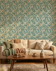 Magnolia Morning green botanical peel and stick wallpaper in a warm and inviting living room