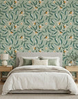 Magnolia Morning green botanical peel and stick wallpaper adding character to a cozy bedroom
